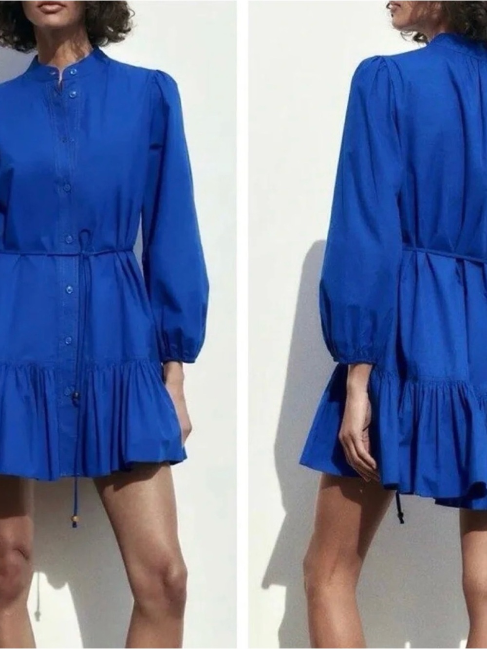 Zara Cobalt Blue Belted Ruffled Hem Cotton Long-Sleeve Tiered Mini Dress, Size L